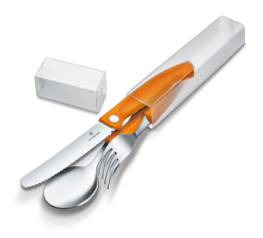 6.7192.F9 Набор из 3 столовых приборов VICTORINOX Swiss Classic: складной нож для овощей 11 см с волнистой заточкой лезвия, вилка, ложка, нержавеющая сталь / полипропилен, оранжевая рукоять, в картонном блистере